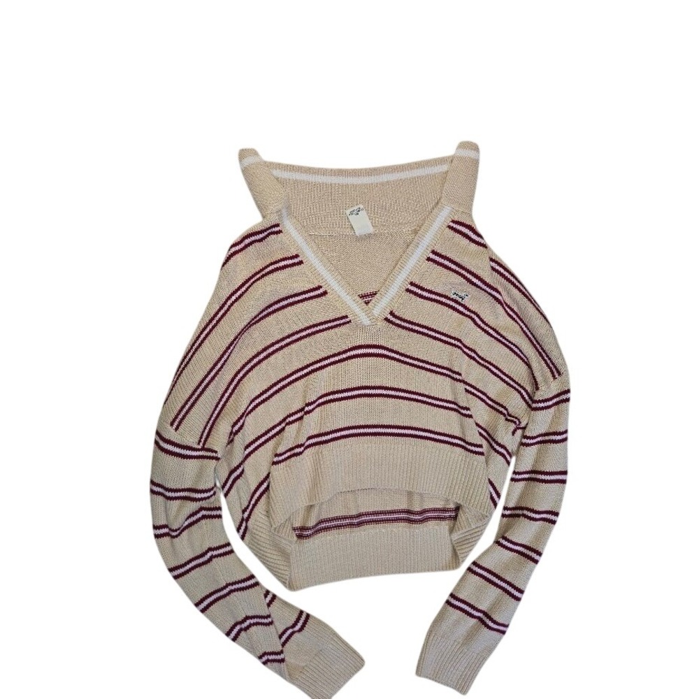 PINK Victoria's Secret Cream Burgundy Striped Knit Cropped V-Neck Sweater Small